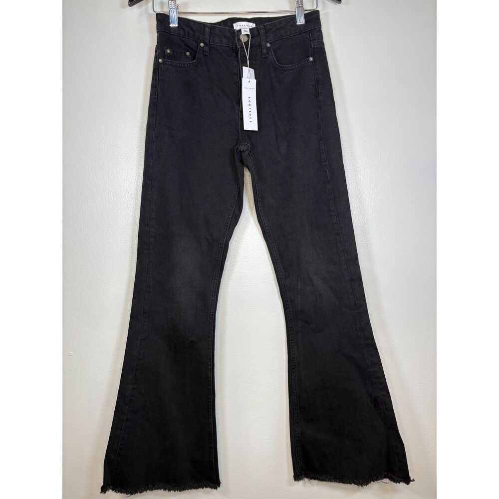 Topshop flare button fly black distressed jeans NWT
